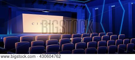 Cinema Landing Page. Movie Concert Hall With Rows Of Armchairs And Luminous Screen Interior. Film An