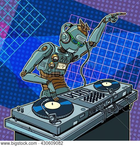 Robot Dj On Vinyl Turntables. Concert Music Performance