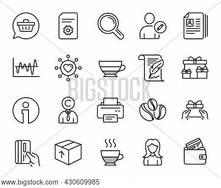 Vector Set Of Package, Stock Analysis And Shopping Cart Line Icons Set. Feather, Cv Documents And In