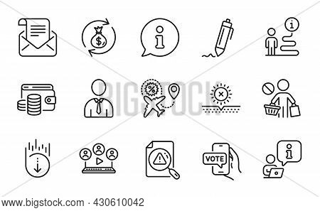 Business Icons Set. Included Icon As Money Exchange, Scroll Down, Online Voting Signs. Mail Newslett