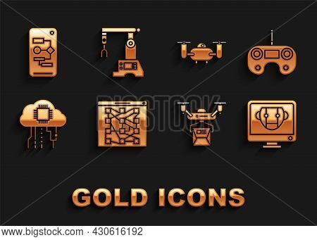 Set Global Technology Or Social Network, Remote Control, Bot, Drone Delivery Concept, Internet Of Th