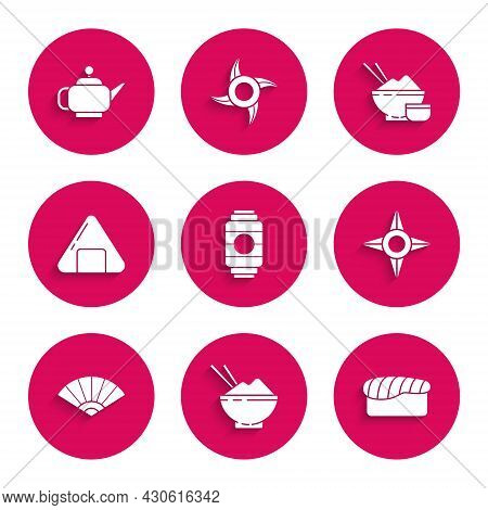 Set Japanese Paper Lantern, Rice In Bowl With Chopstick, Sushi, Ninja Shuriken, Paper Chinese Or Jap
