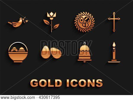 Set Easter Eggs, Christian Cross, Burning Candle In Candlestick, Ringing Bell, Basket With Easter, W
