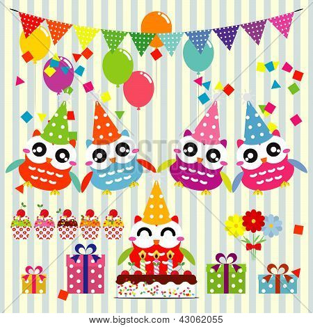 Éléments fête anniversaire avec des chouettes mignons