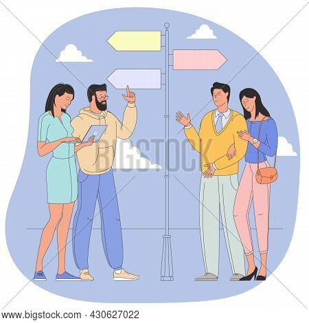 Choosing Way Signpost Flat Design Vector Iconcept. Young Men And Women On The Crossroad Next To The 