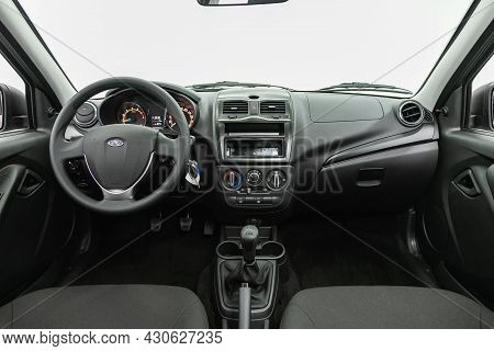 Novosibirsk, Russia - July 21, 2021: Lada Granta, Dashboard, Player, Steering Wheel With Logo And Bu