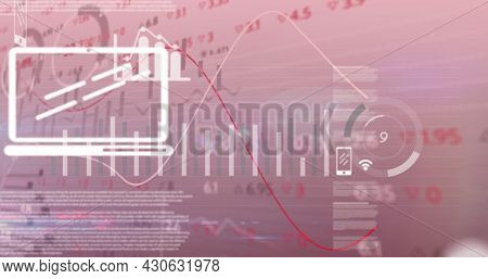 Image of lines financial data processing over digital online icons. global finances network digital interface concept digitally generated image.