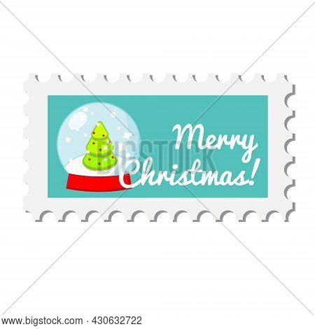 Chiristmas Postal Stamp With Winter Glass Sphere. New Year Postage Symbol. Vector Icon For Winter Ho