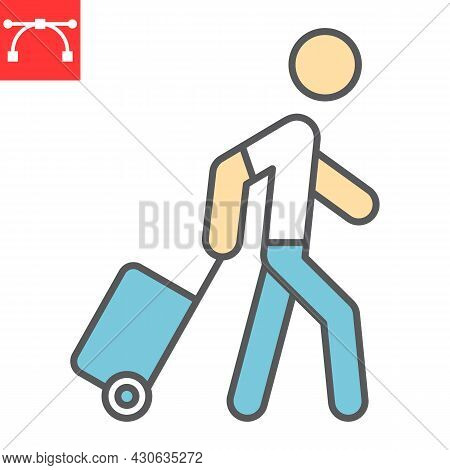 Person Pulling Luggage Color Line Icon, Migration And Tourist, Passenger With Rolling Bag Vector Ico