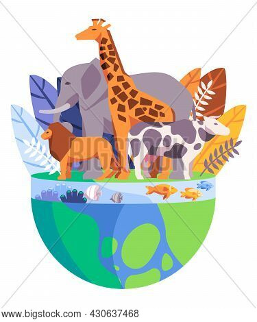 Cartoon Background With Elephant Giraffe Lion Fish And Coral Reefs In Green And Blue Color