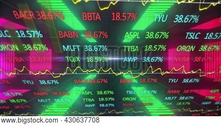 Image of digital interface with stock market and graph over digital tunnel. Global digital network technology concept digitally generated image.
