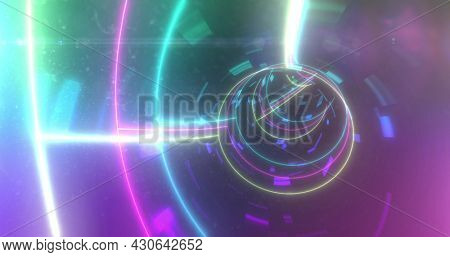 Image of image game screen with Get Ready! text in pink metallic letters with triangles and neon on glowing background. Retro image game concept digitally generated image.