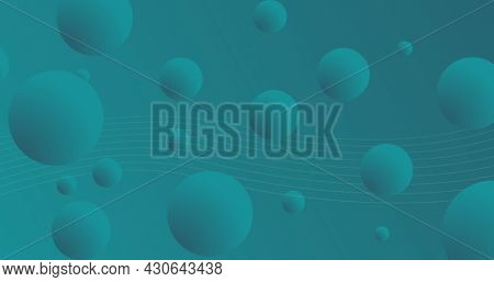 Image of multiple teal balls and white line waves moving in hypnotic motion in seamless loop on teal background. Colour light and movement concept digitally generated image.