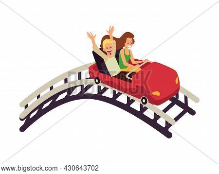 Young Couple Man And Woman Enjoying Of Rollercoaster In Amusement Park
