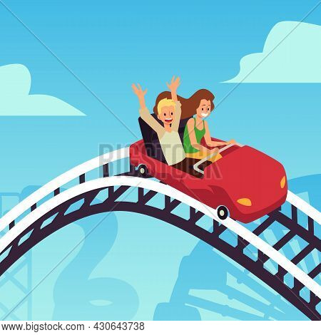 Happy Young People Enjoying Of Rollercoaster In Amusement Park At Weekend.