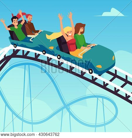 Amusement Park Roller Coaster Attraction With People Flat Vector Illustration.