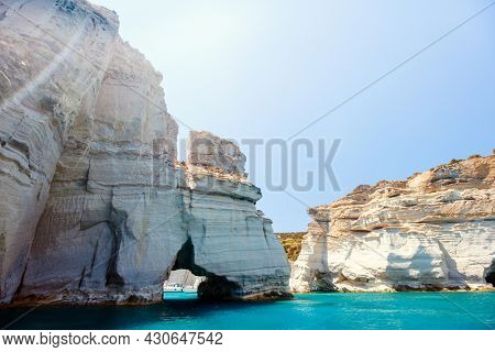 Rock formations and sea caves at Kleftiko shoreline in Milos Greece