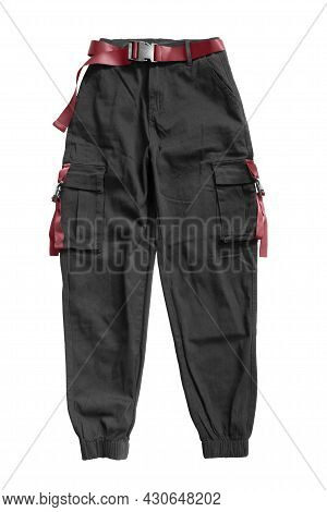 Black Oversized Cargo Pants With Red Laces Isolated Over White