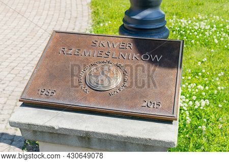Zory, Poland - June 4, 2021: Sign Craftsmen Square (polish: Skwer Rzemieslnikow).