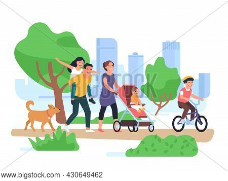 Happy Family Walking. Couple With Children Stroll Park, Son On Bicycle, Toddler In Stroller, Fun Dau