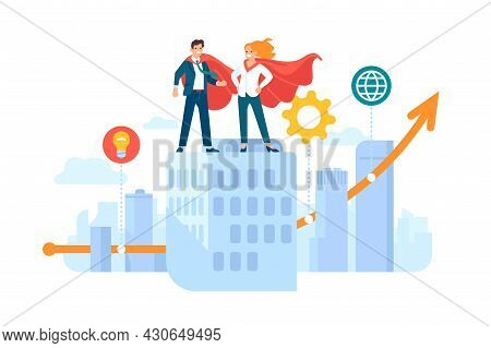 Hero Couple. Happy Man And Woman, Superheroes Costumes On Skyscraper Roof, Growing Business Chart, S