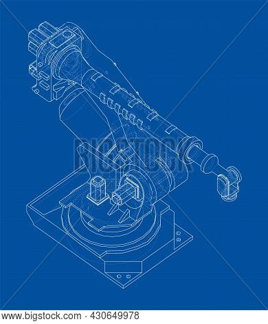 Industrial Robotic Arm. Vector Rendering Of 3d. Wire-frame Style. The Layers Of Visible And Invisibl