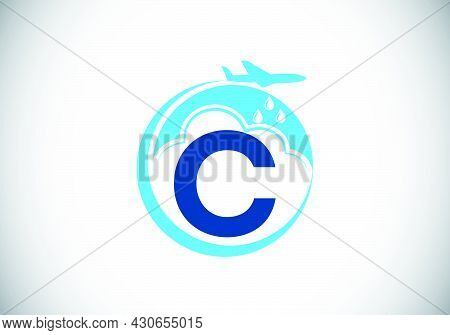 Initial C Monogram Alphabet With An Airplane And Cloud. Artificial Rainmaking. Cloud Seeding Logo. M
