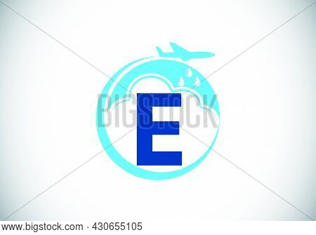 Initial E Monogram Alphabet With An Airplane And Cloud. Artificial Rainmaking. Cloud Seeding Logo. M