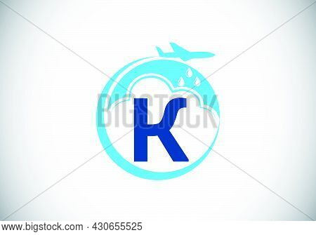 Initial K Monogram Alphabet With An Airplane And Cloud. Artificial Rainmaking. Cloud Seeding Logo. M