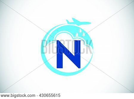 Initial N Monogram Alphabet With An Airplane And Cloud. Artificial Rainmaking. Cloud Seeding Logo. M