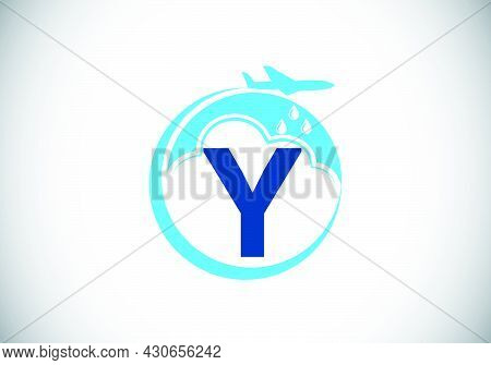 Initial Y Monogram Alphabet With An Airplane And Cloud. Artificial Rainmaking. Cloud Seeding Logo. M