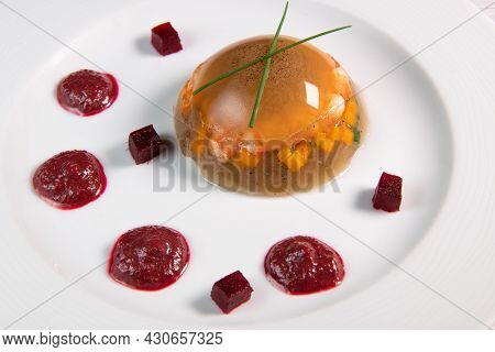 Recipe, Jelly Made From A Broth Of Prawns And Peppery Beetroot. High Quality Photo