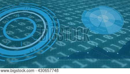 Image of scanning scopes over binar code. global connections, data processing and digital interface concept digitally.