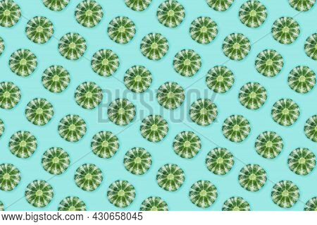 Beautiful Bright Pattern Vegetarian Vegetable Pattison On A Light Green Background. Healthy Food Cre