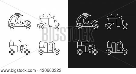 Vehicle For Hire Linear Icons Set For Dark And Light Mode. Bicitaxi. Three-wheel Bicycle. Tourist Tr