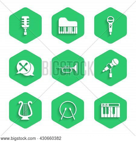 Set Trumpet, Drum And Drum Sticks, Music Synthesizer, Microphone, Ancient Lyre, And Icon. Vector
