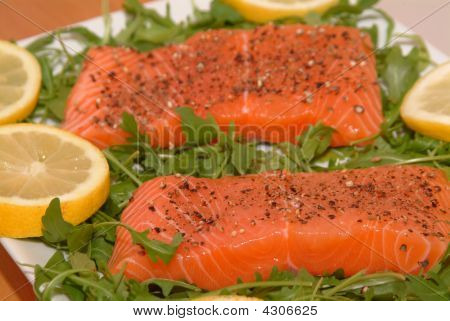 Laks Filet på en plade med nogle grøn Salat