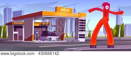 Charger Station For Electric Cars With Market And Inflatable Tube Man. Vector Cartoon Cityscape With