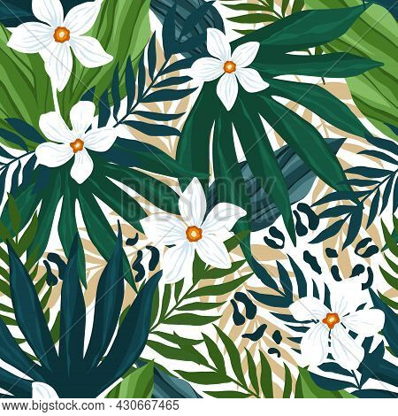 Botanic Seamless Pattern With Exotic Flowers, Jungle Plants, Leaves, Animal Skin, Hand Drawn Backgro