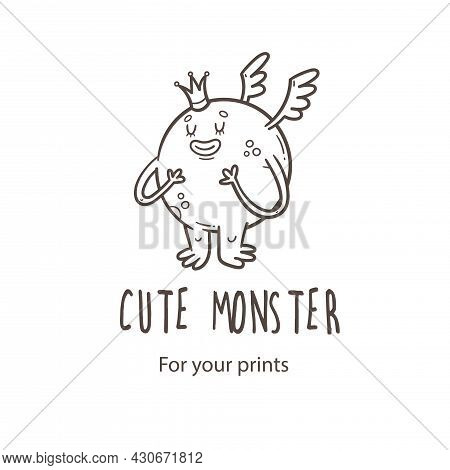 Vector Card With Cute Cartoon Monster. Funny Fictional Animal . Doodle Line Art Creature Print. Chil