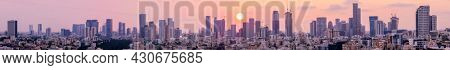 Tel Aviv Skyline, Ramat Gan and Givatayim City At Sunset,  Tel Aviv Cityscape Large Panorama At Sunset Time, Israel