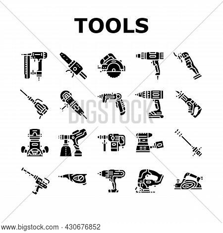 Tools For Building And Repair Icons Set Vector. Heat Gun And Nailer, Soldering Iron For Plastic Pipe