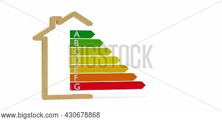 European Energy Classification Label In Wooden House Outline Shape On White Background, Energy Consu