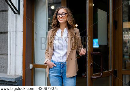 Business Woman Come Out Store Door Outside Caucasian Female Business Person Standing Near Shop Doorw