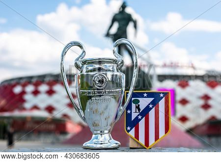 June 14, 2021 Madrid, Spain. The Emblem Of The Atlético Madrid Football Club And The Uefa Champions 