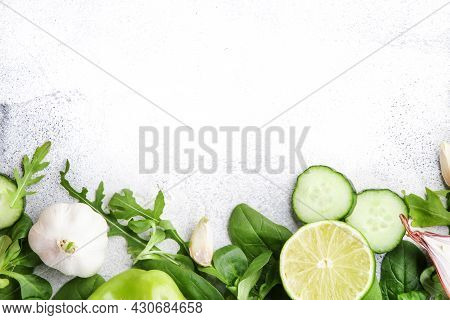 Fresh Helthy Food Cooking Ngredients On Gray Background. Diet Or Vegetarian Food Concept. Top View, 