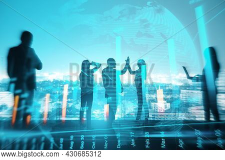 Businesspeople With Hi-five Gesture Standing On Night City Background With Glowing Globe And Busines