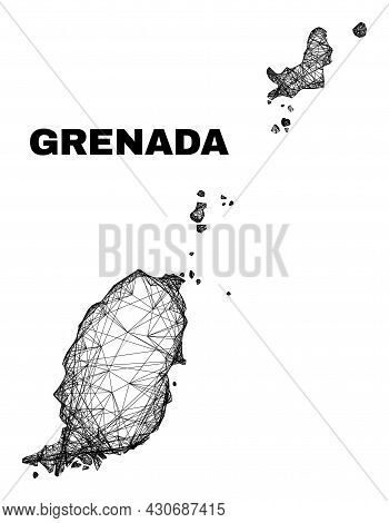 Wire Frame Irregular Mesh Grenada Map. Abstract Lines Are Combined Into Grenada Map. Wire Frame 2d N