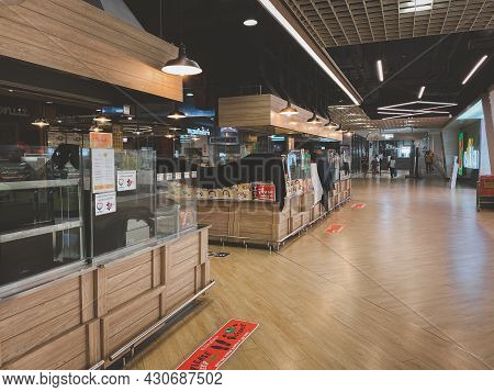 Samut Prakan, Thailand - August 23, 2021 : Close Food Court After Thai Government Restrict  For 14 D