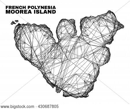 Carcass Irregular Mesh Moorea Island Map. Abstract Lines Form Moorea Island Map. Linear Carcass Flat